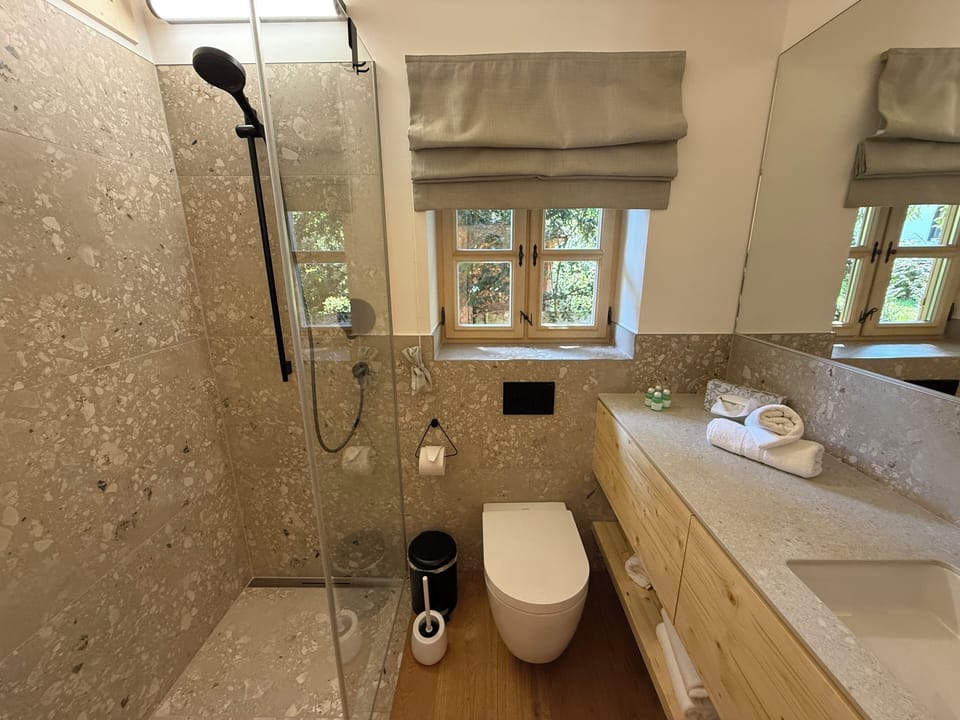 Comfort Cabin | Bathroom | Shower, hydromassage showerhead, hair dryer, towels