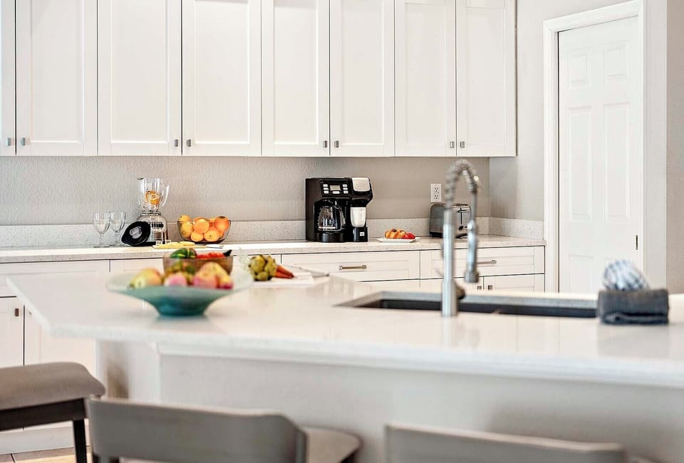 Kitchen with Open View of the Living Room and Outdoors