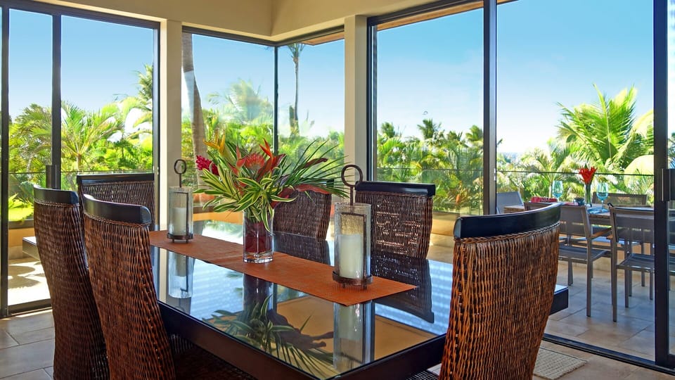 The large custom dining table offers dining for 10 people.