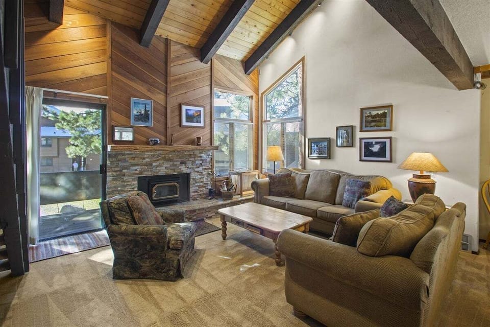 Comfortable living room, with wood burning fireplace