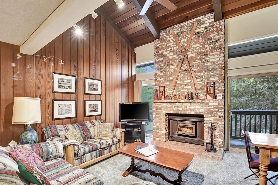 Living room with fireplace and queen sofa sleeper