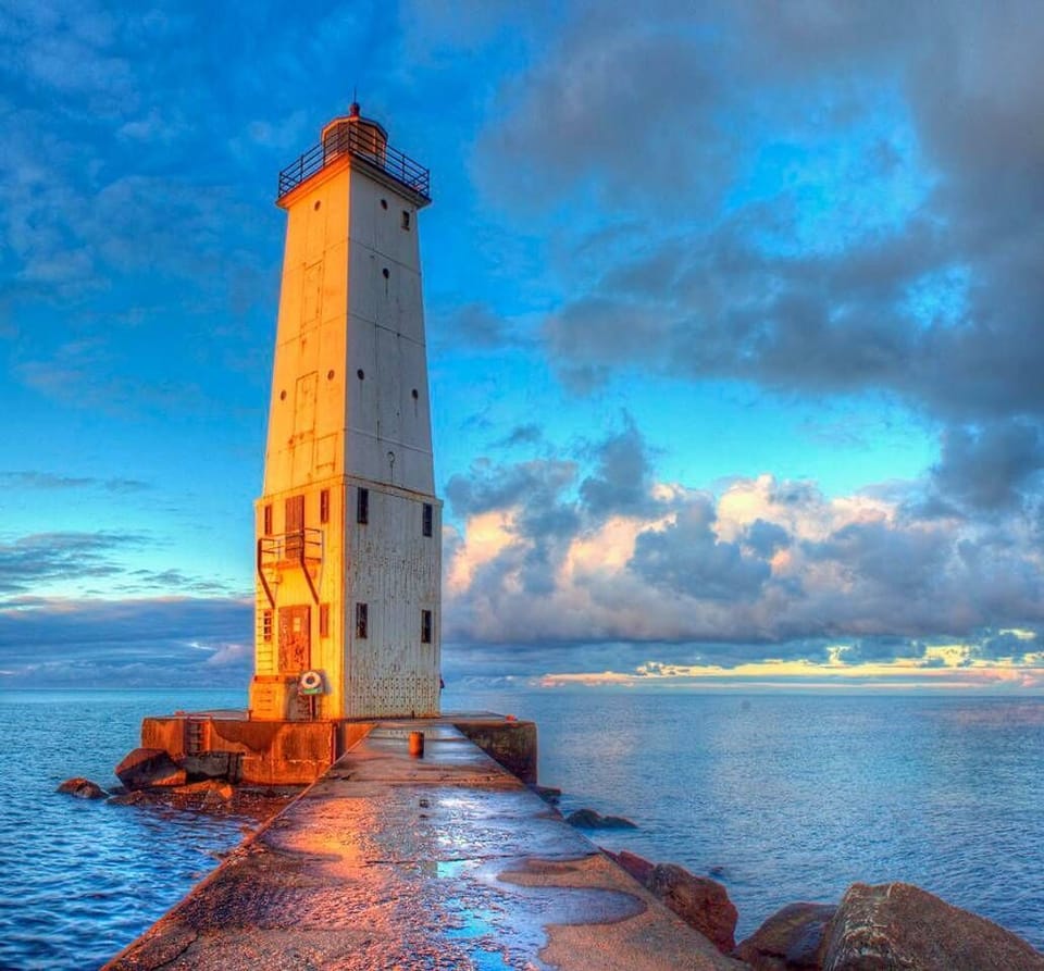 Frankfort lighthouse at the mouth of Betsie Bay. Deep water marina with slips
