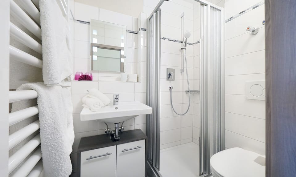 Shower, free toiletries, hair dryer, towels