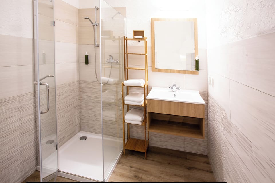 Shower, hair dryer, towels