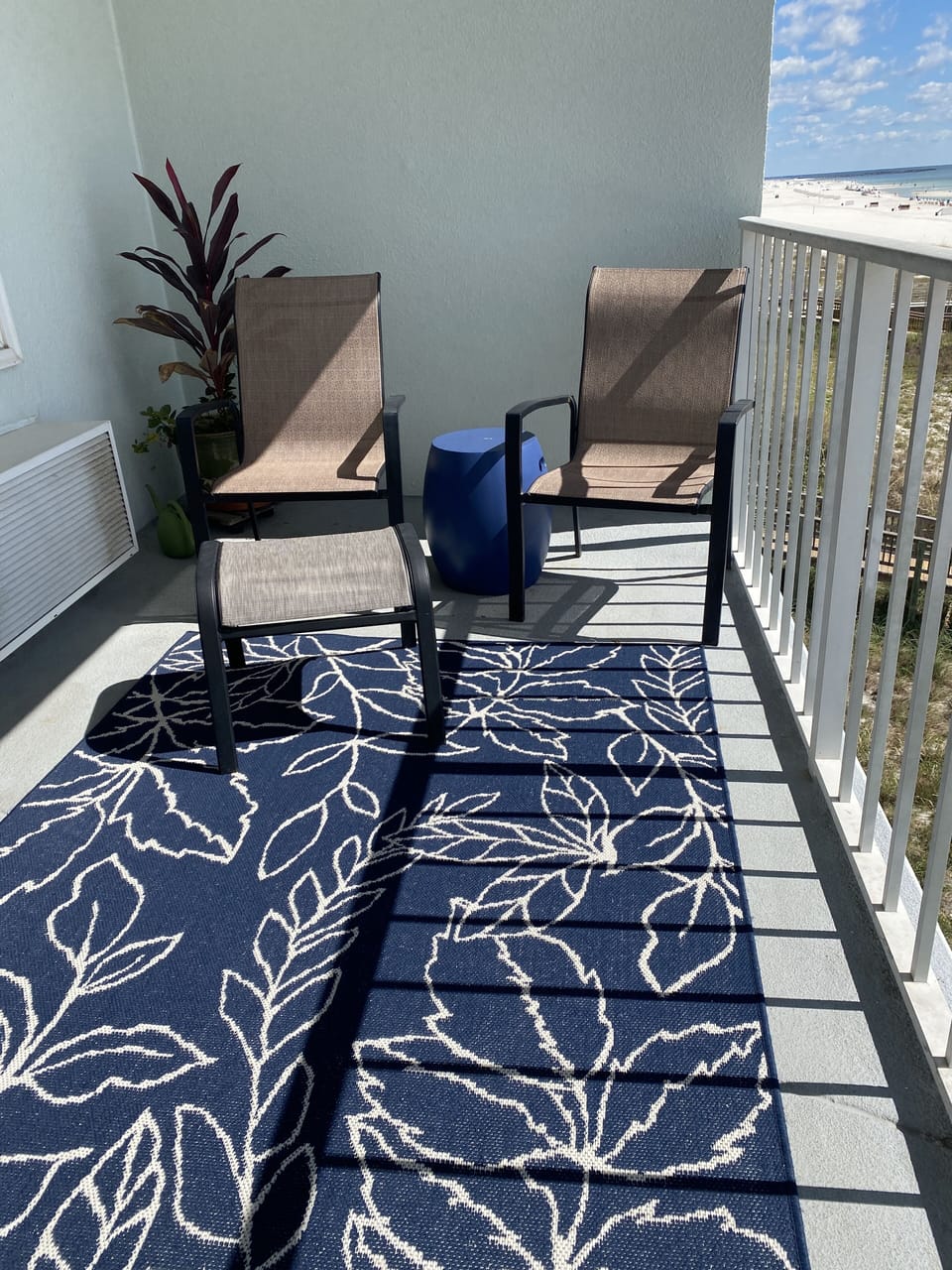 Balcony faces the ocean directly. We have walls on each side for privacy