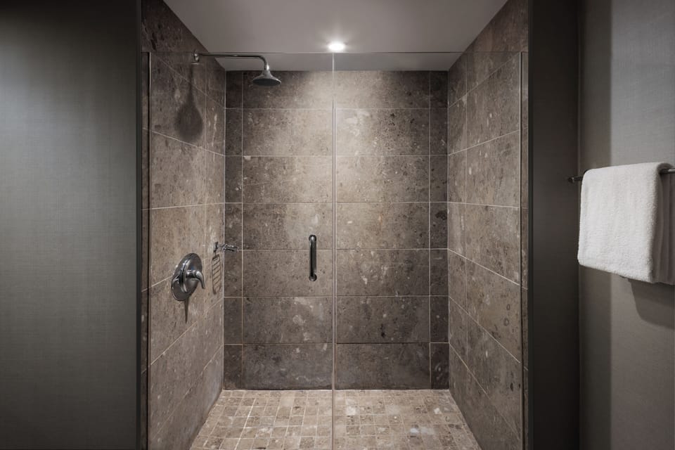 Shower, rainfall showerhead, free toiletries, hair dryer