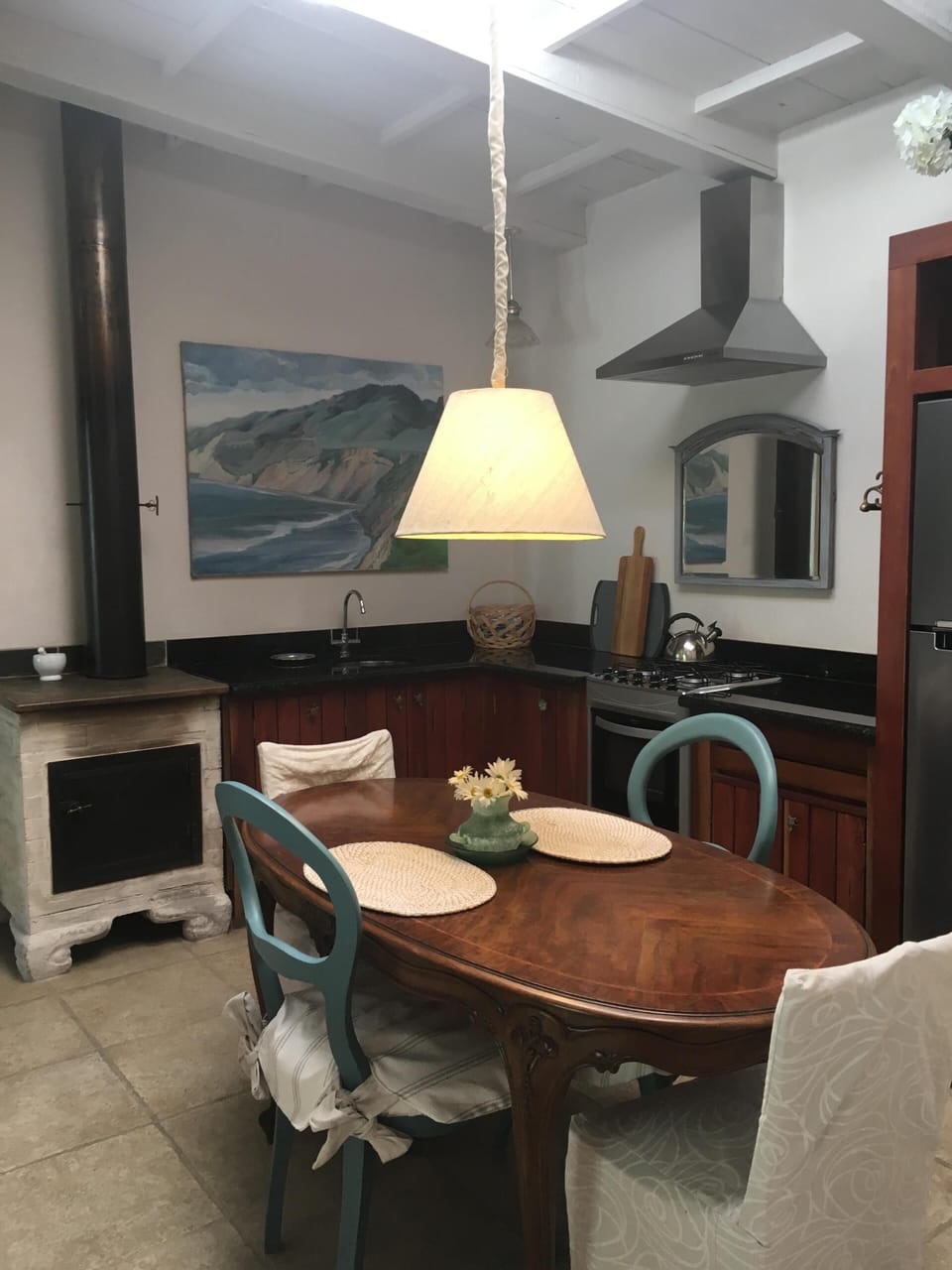 Dining  and wood stove
