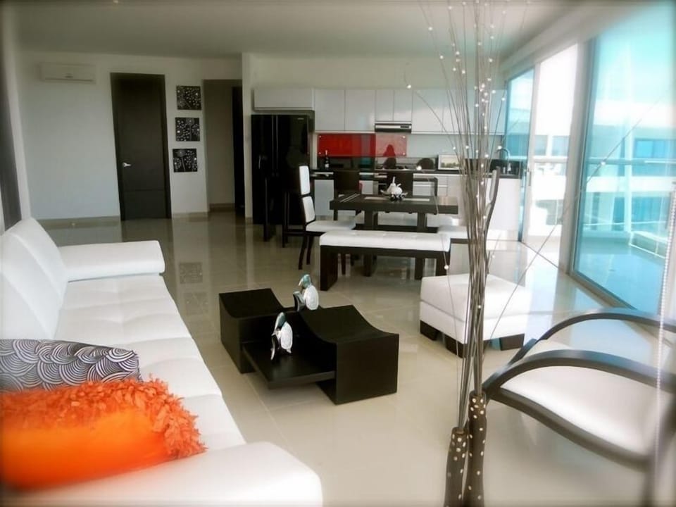 Open plan with Views of the Caribbean- living, dining and kitchen areas