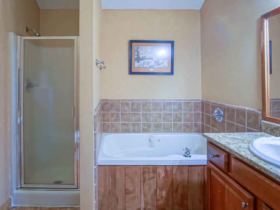 The master bathroom has a jacuzzi tub and a stand up shower.