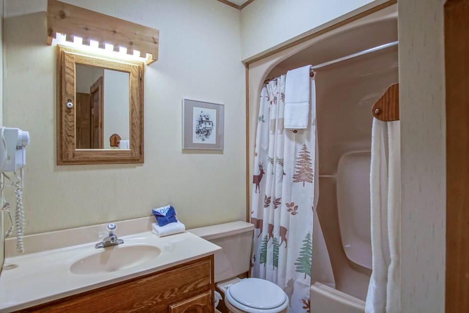 This is the shared bathroom on the main level. It is located at the bottom of the stairs. This bathroom has a tub/shower combo.
