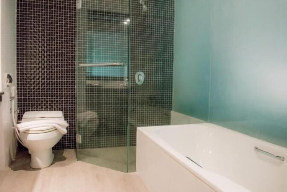 Shower, free toiletries, slippers, towels