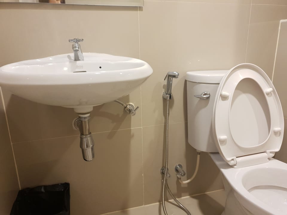 Shower, free toiletries, slippers, towels