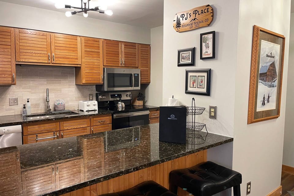 Spacious countertop perfect for meal prep or morning coffee.