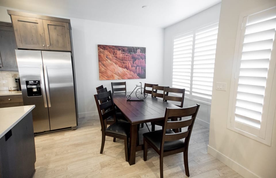 Dining table with seating for the whole group — perfect for family meals and board games