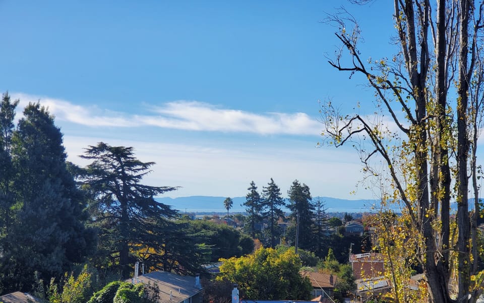 Camera Zoom Lens: SW view from deck is the San Francisco Bay and ships for Port