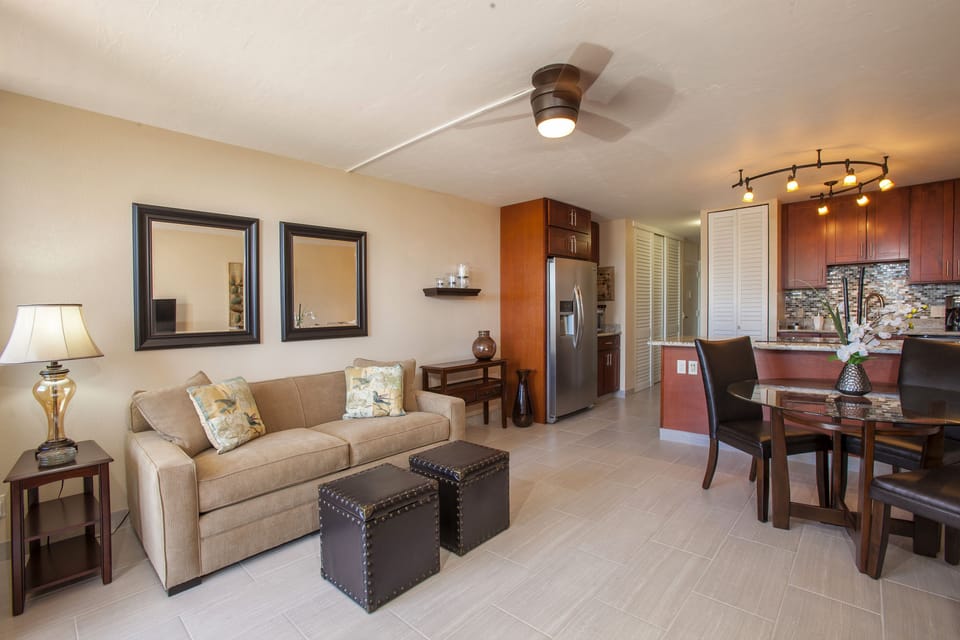 Living room with full size sofa sleeper