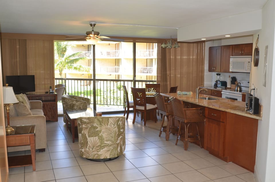 Open living room, kitchen and dining area, remodeled 2015