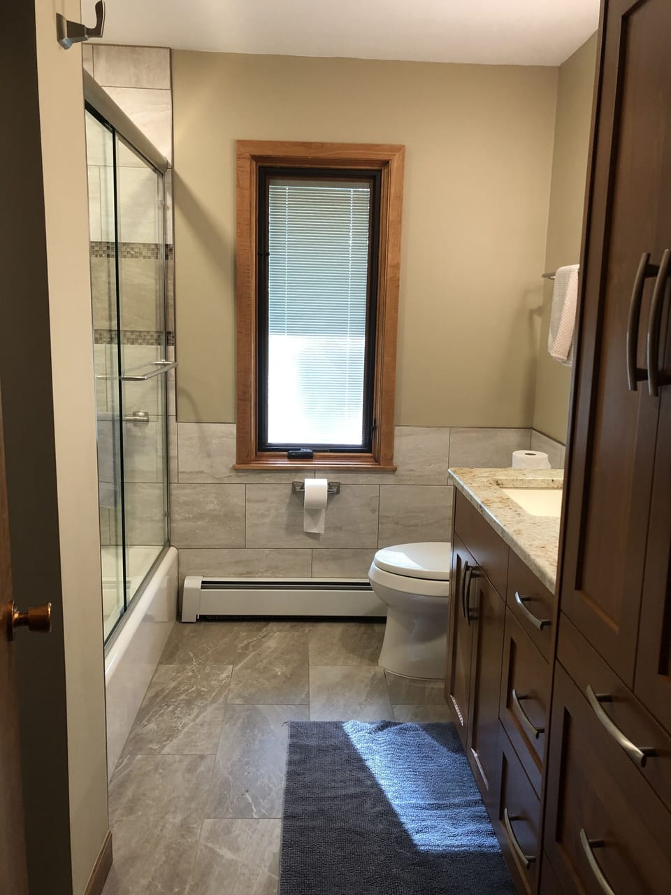 Upstairs bathroom.   Entire remodel 2021. Heated floor.