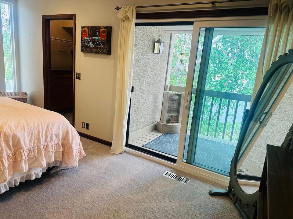 Primary bedroom with gas fireplace, deck and walk in closet. 
