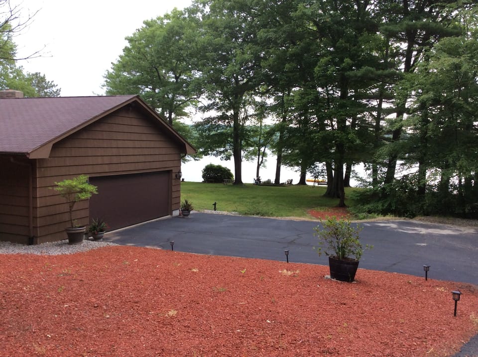 A two car garage with  plenty of parking