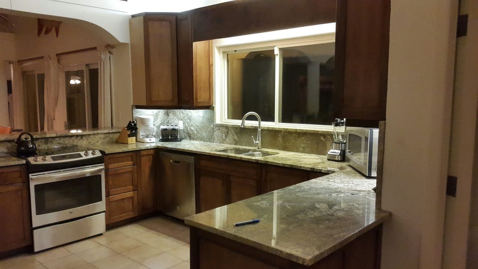 Newly remodeled kitchen at night