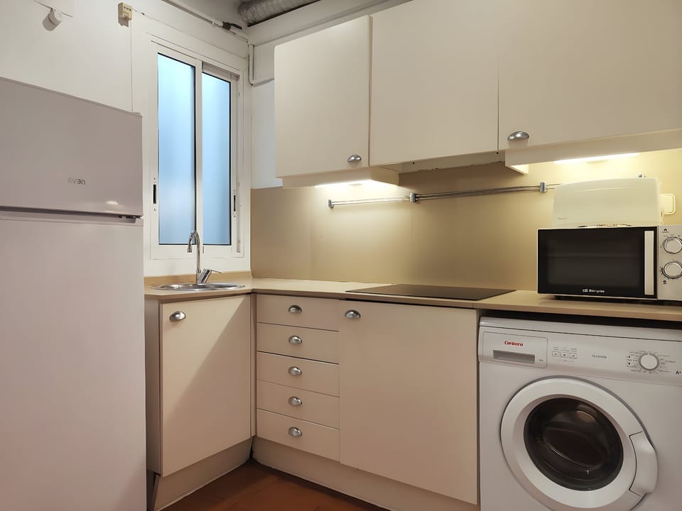 Fully equipped kitchen, right at the entrane, including a washing machine.