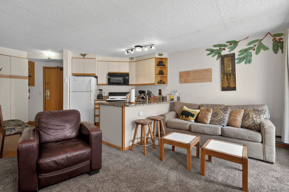 Relax in your cozy open-concept space with a fully equipped kitchenette, comfy seating, and warm wood accents inviting you to unwind after exploring the slopes.