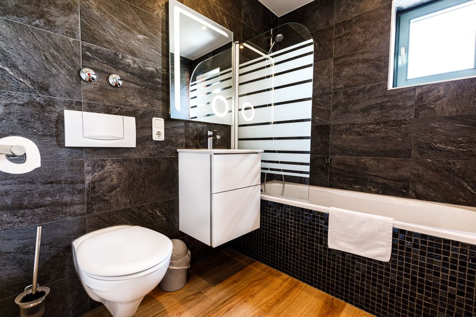 Shower, free toiletries, hair dryer, towels