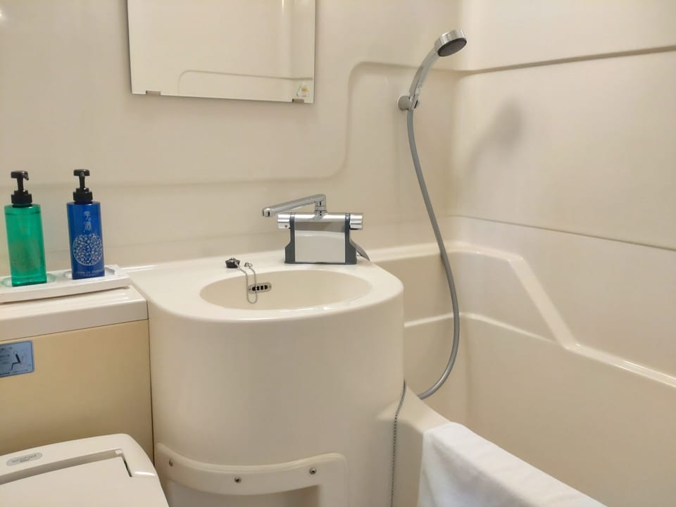 Combined shower/tub, deep soaking tub, free toiletries, hair dryer