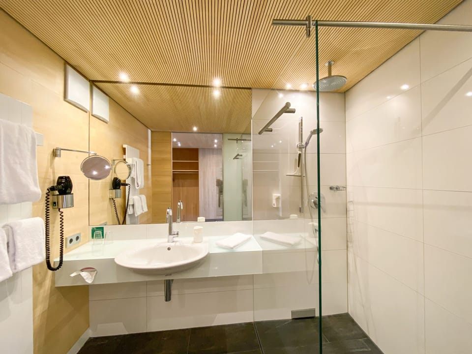 Shower, free toiletries, hair dryer, towels