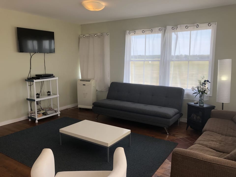 Air conditioned/heated room , pull out couch and fold out couch, satellite tv.