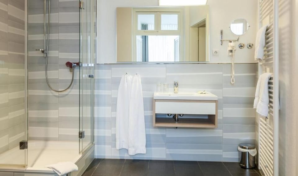 Shower, hair dryer, towels