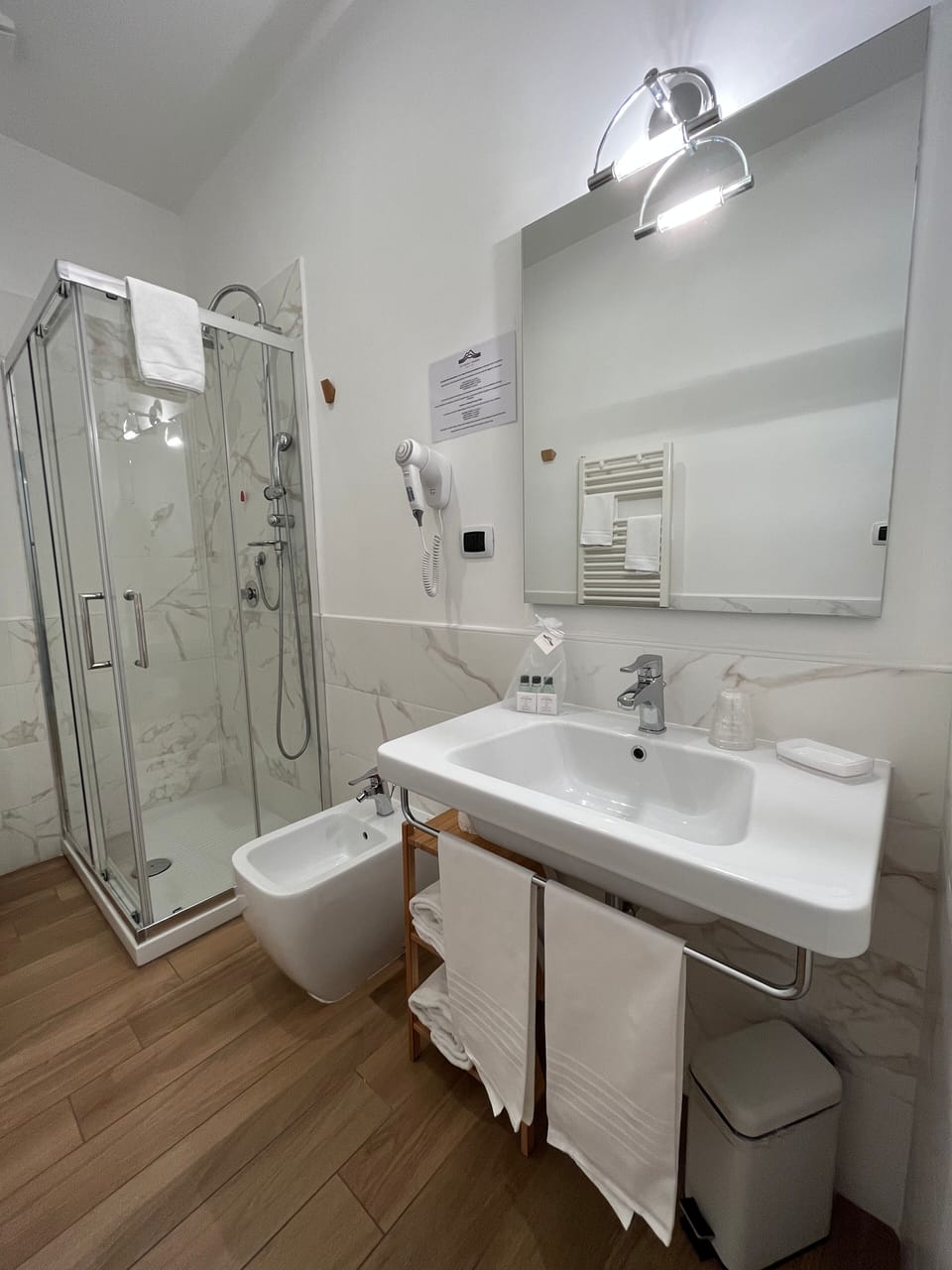 Shower, designer toiletries, hair dryer, bidet