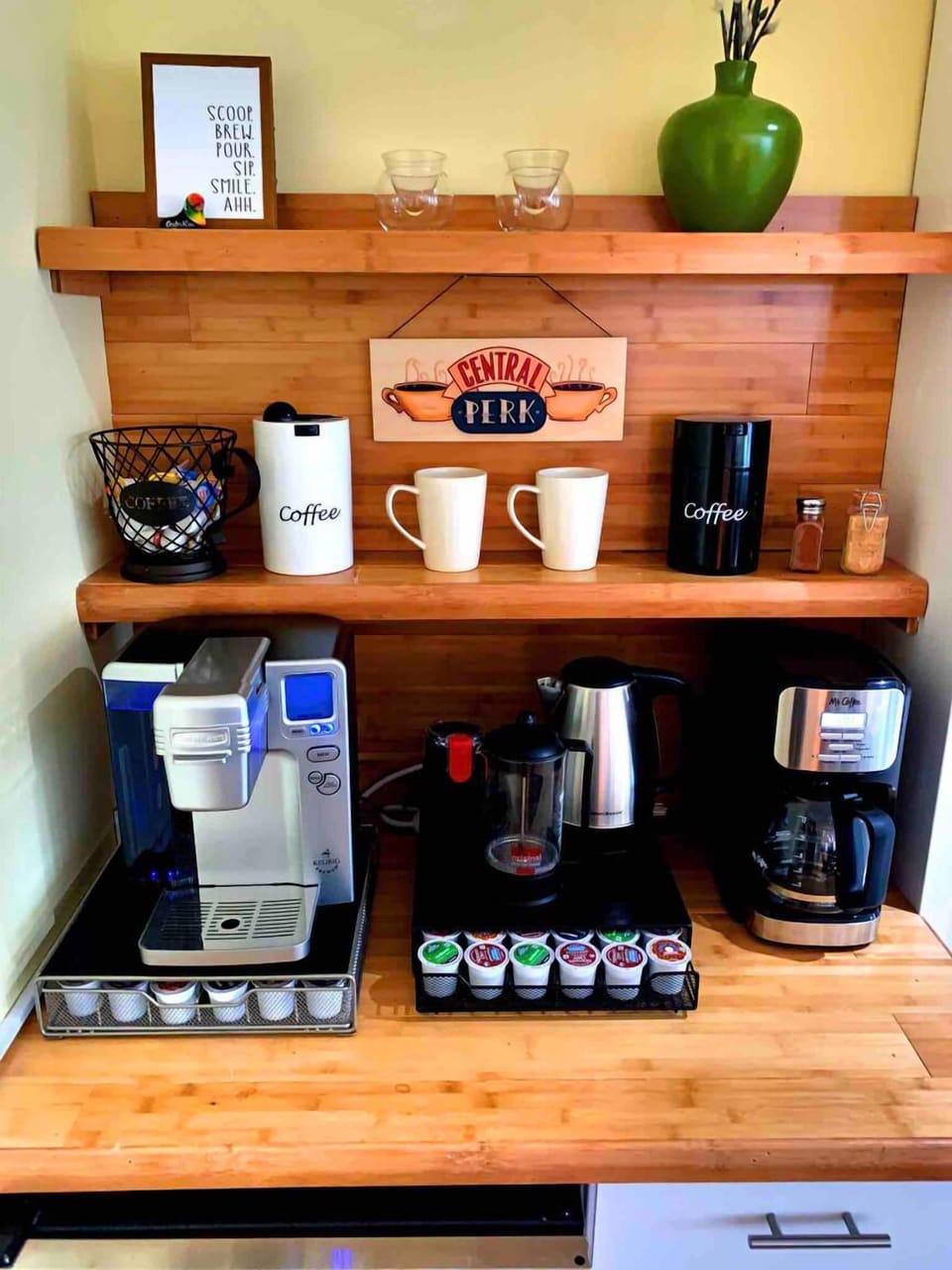 Keurig,  12-cup drip maker, French Press, fresh coffee beans readily available!