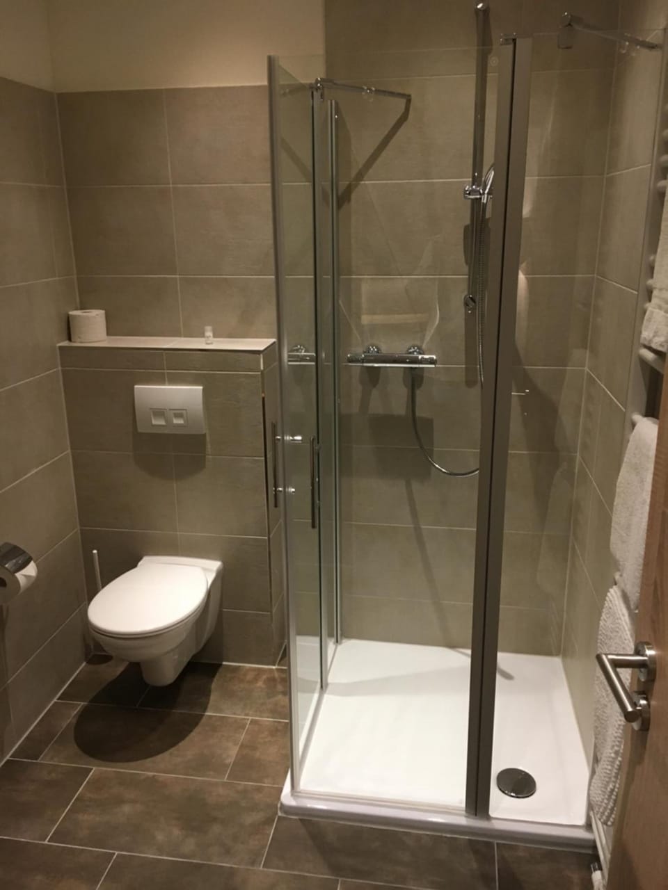 Shower, free toiletries, hair dryer, towels