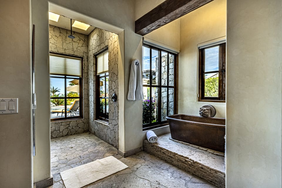 Master 2 - Walk-in Shower & Hand-Hammered Copper tub with garden & pool views