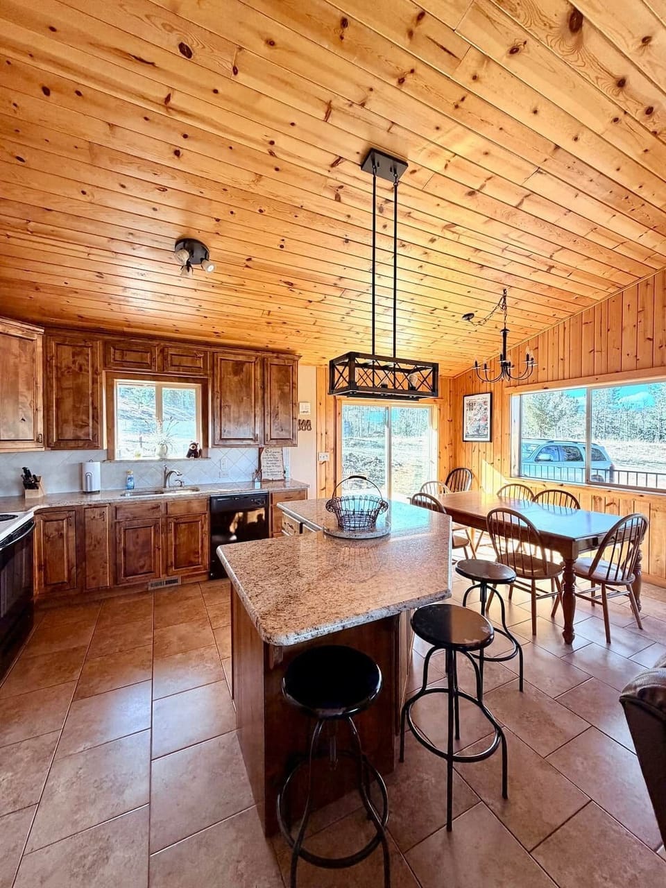 The full kitchen, complete with side-by-side fridge/freezer, stove/oven, microwave, and dishwasher, as well as all cooking/eating basics, such as utensils, plates, cups, mugs, placemats, etc.