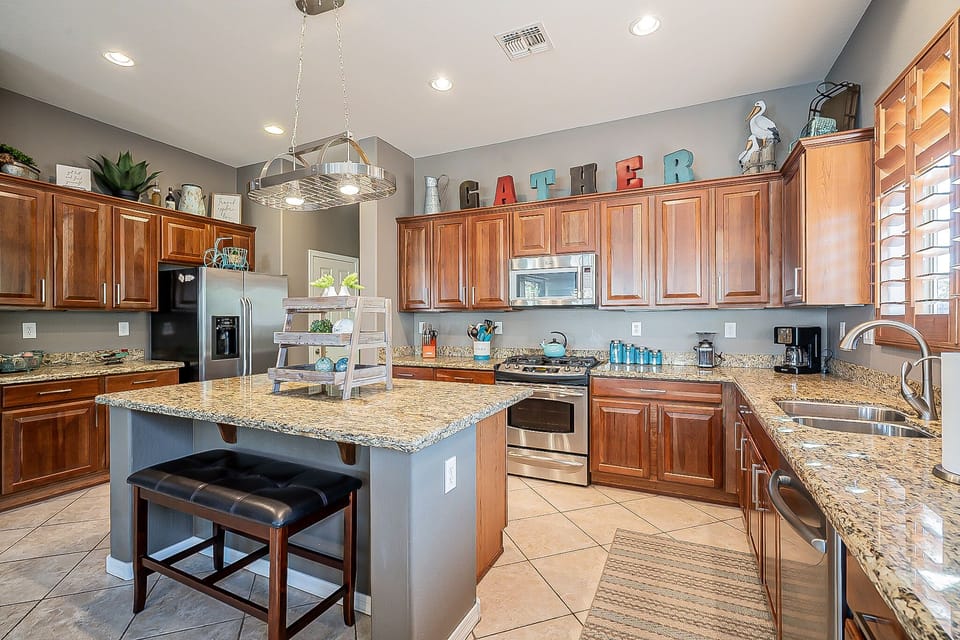 Lots of cabinets, equipped with all the amenities of your home.
