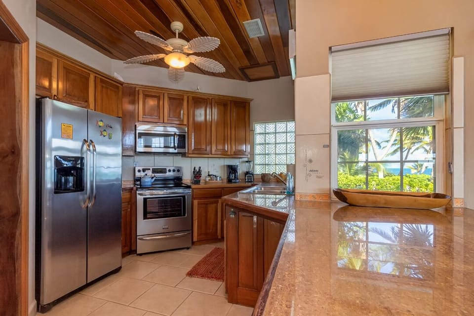 Kitchen with stainless steel appliances.