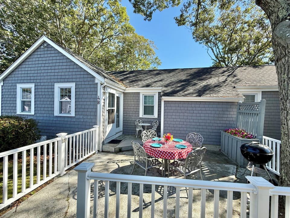 Spacious patio with table/chairs and charcoal grill.