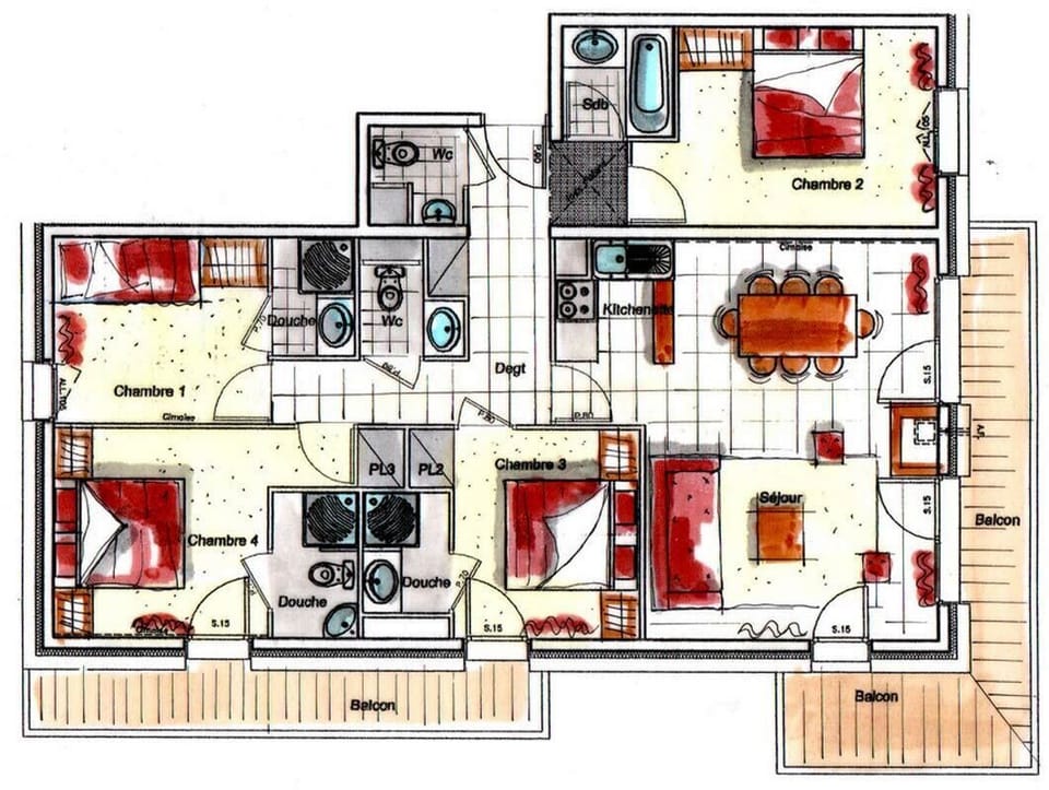 Apartment layout : Room 1 has 2 bunks & pull out: Rooms 3 & 4 are twin beds