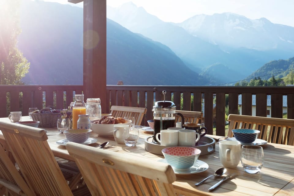 Out door dining on the terrace with views of Mont Blanc