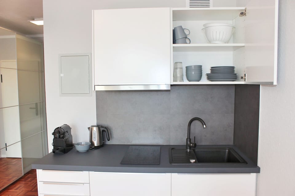 Full-size fridge, microwave, stovetop, espresso maker