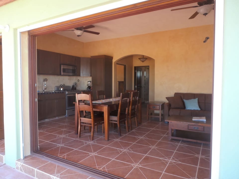 Panoramic sliding windows let the outside in.