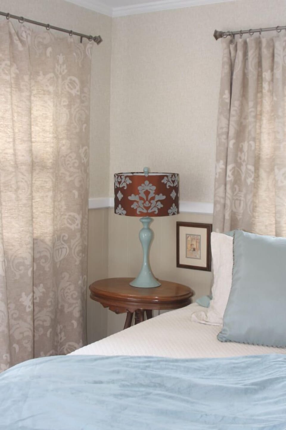 Bedroom 2 has Queen bed with Chocolate Brown, blue and taupe damask fabrics