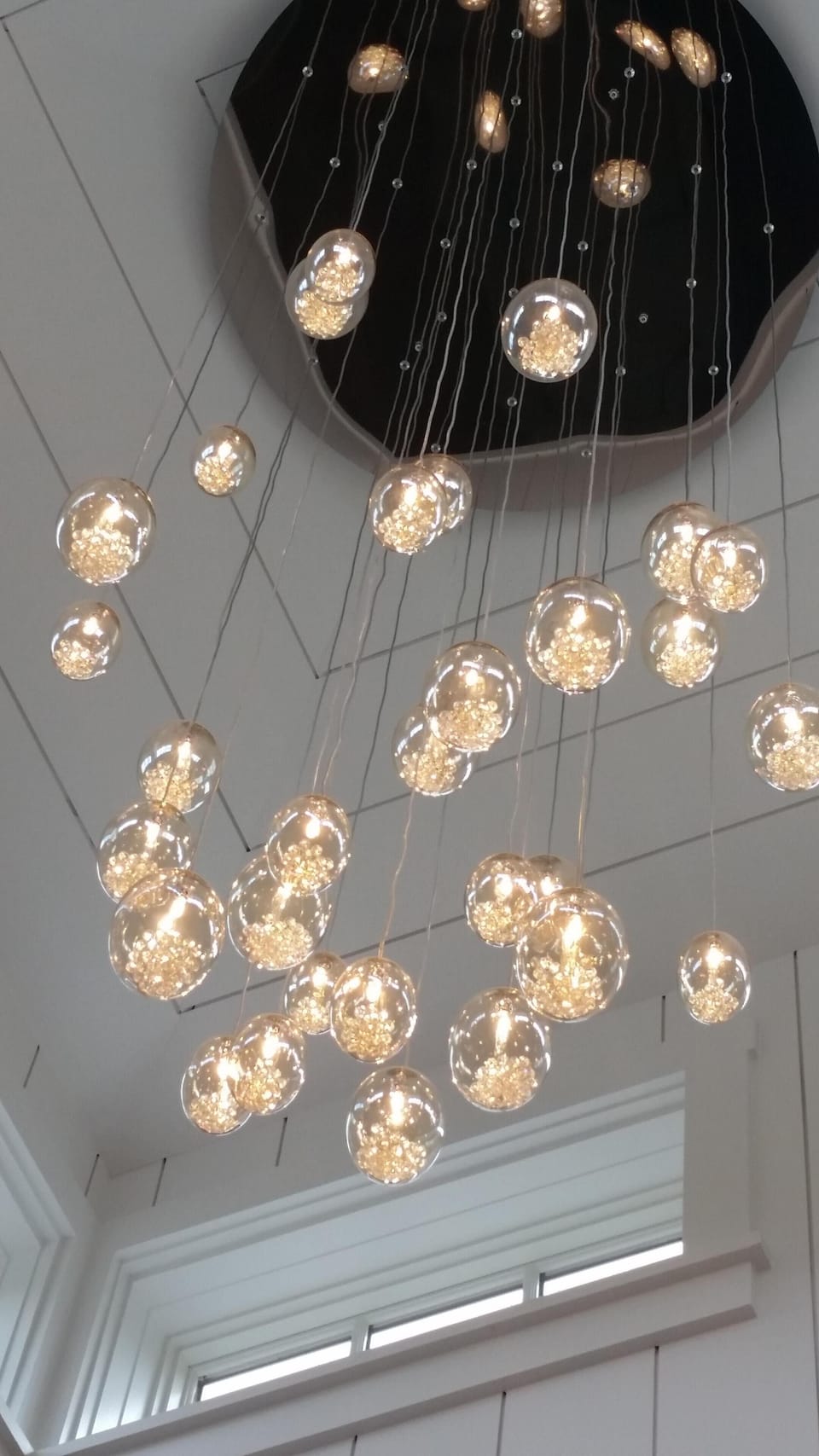 Our new "Bubbles" chandelier in the Great room (living room/kitchen) cupola!