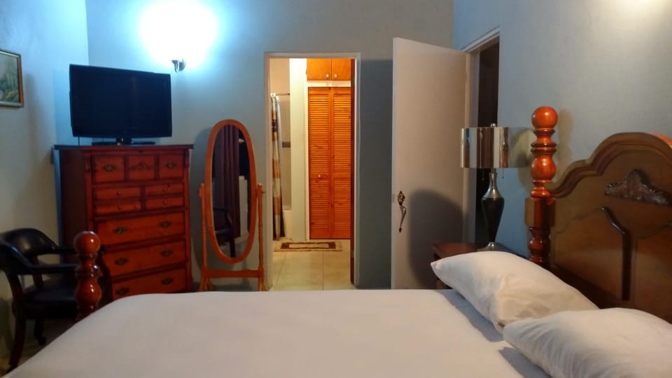 bedroom with TV and bathroom