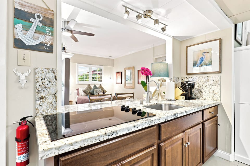 Kitchen is open to living room and bedroom. Open concept layout
