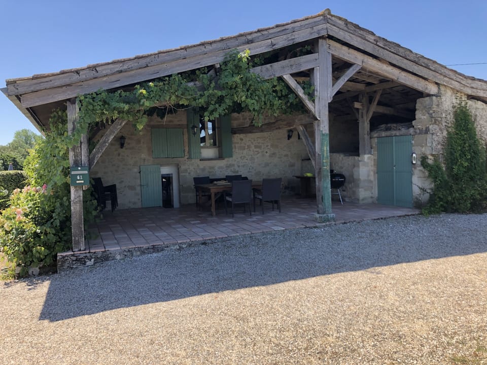 The covered terrace with creeping grape vines.