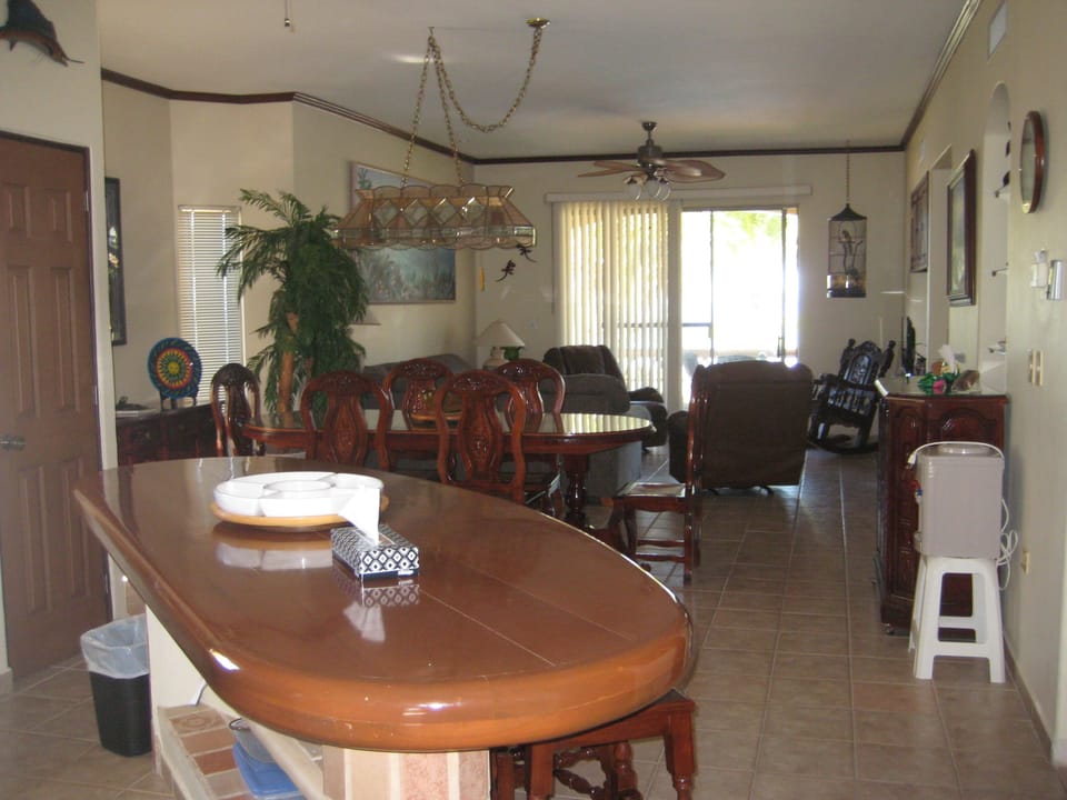 Looking from the open kitchen into the dining and living room.